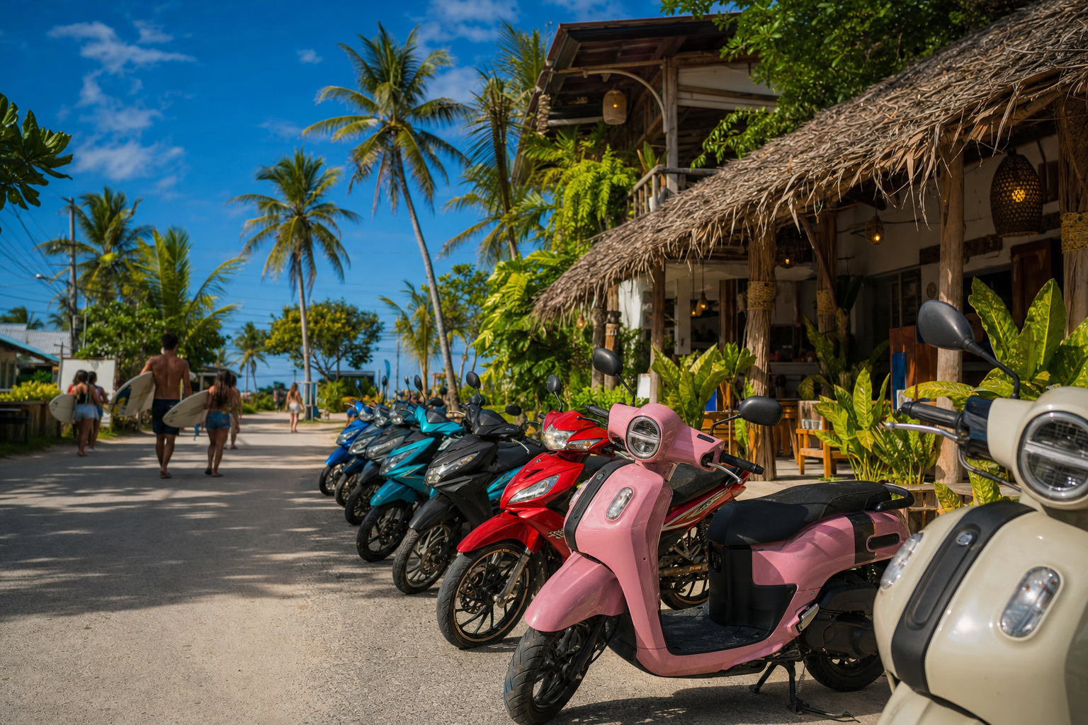 Motorbike hire lineup in General Luna Siargao featuring Honda and Yamaha scooters β motorbike rental Siargao Palm Riders Motorbike hire lineup in General Luna Siargao featuring Honda and Yamaha scooters β motorbike rental Siargao Palm Riders